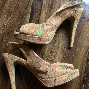 Graffiti styled cork slingback sandals